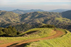 A cyclist careens down a trail amid green hillsides at Rancho Canada del Oro.
